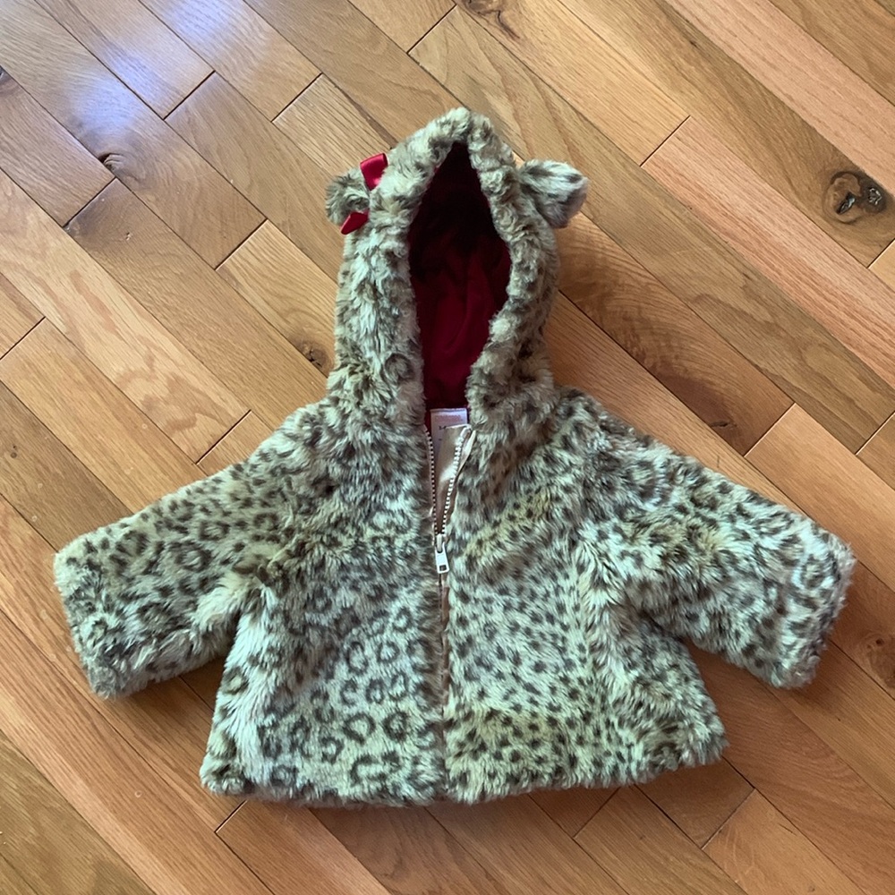 Infant GYMBOREE Faux Fur Animal Print Lined Jacket Attached Hood Size 3-6 Months
